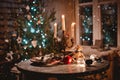 New year night table decoration with candles and antique decorations on the background of lights and Christmas tree Royalty Free Stock Photo