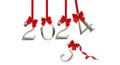 2024 New Year number hanging wirh red ribbons isolated on white background