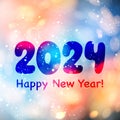 New Year 2024 numbers on blue and orange background with flying blurred light particles and bright bokeh Royalty Free Stock Photo