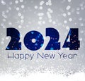 New Year 2024 numbers on bright silver textured background with light defocused particles and snow