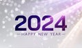 New Year 2024 numbers on bright silver textured background with light defocused particles and sun rays