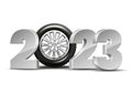 New Year numbers 2023 with car tire isolated on white background.