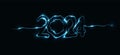 2024 New Year numbers with electrifying style. Stunning blue lightning strikes through 2024 on black background. Vector Royalty Free Stock Photo