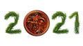 2021 New Year. Numbers are made of a pine tree green branches and mechanical clock with mechanism structure inside view.