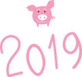 2019 new year numbers with pink funny pig, vector illustration element