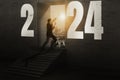 2024 new year numbers on wall, opportunity businessman standing on staircase to looking keyhole door, leader concept vision and