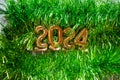 New Year 2024 - Orange old gold numbers on light green glitter grass background