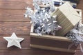 New year compisition with ornaments in a wooden box Royalty Free Stock Photo