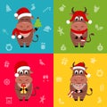 New Year of Ox. Bull Cartoon Character in Santa Hat, Set Funny Animals Royalty Free Stock Photo