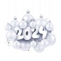 New Year paper lettering with white Christmas balls and glittering particles