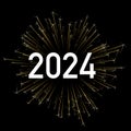 New Year 2024 paper numbers for calendar on background made of exploding golden fireworks particles