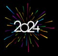 New Year 2024 paper numbers for calendar on colorful background made of exploding fireworks particles