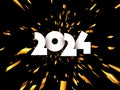 New Year 2024 paper numbers for calendar header on black background with explosion of golden confetti