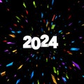 New Year 2024 paper numbers for calendar header on black background with explosion of multicolored foil confetti