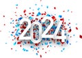 New Year 2024 paper numbers for calendar header on colorful background made of multicolored confetti