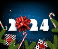 New Year 2024 paper numbers for calendar header with red shiny bow on blue textured background with confetti, gift boxes and green Royalty Free Stock Photo