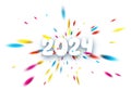 New Year 2024 paper numbers for calendar header on white background with explosion of multicolored foil confetti