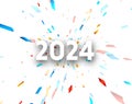 New Year 2024 paper numbers for calendar header on white background with explosion of multicolored foil confetti