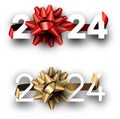 New Year 2024 paper numbers with red and golden foil bows for calendar header on white background Royalty Free Stock Photo