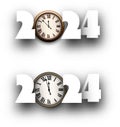 New Year 2024 paper numbers with round clock face for calendar header on white background