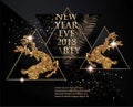 New year party banner with christmas tree branches, deer, bottles of champagne and triangles. Gold and Black.