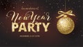 New year party banner. Sparkling golden glitter Party word. New Year calligraphy. Shiny gold glitter Christmas ball