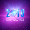 New Year Party card with numbers 2019. Shiny disco ball on night background. Vector illustration Royalty Free Stock Photo