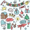 New Year party doddle icons. Colorful isolated Chrismas and New Year icon set. Handdrawn cute pictures.