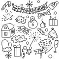 New Year party doddle icons. Outline isolated Chrismas and New Year icon set. Handdrawn cute pictures.