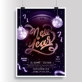 New Year Party Flyer Design with Clock and Hanging Shiny Disco Balls on Lighting Effect