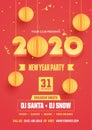 New Year Party Flyer Design with 3D Yellow 2020 Text and Hanging Paper Cut Baubles.
