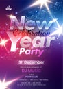 New Year Party Flyer or Template Design with Event Details on Colorful Bokeh Lighting Effect.