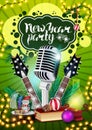 New Year Party, green poster in graffiti style with guitars, microphone and snow globe