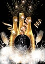 New year party invitation card with bottles of champagne, glasses and sparklers. Royalty Free Stock Photo