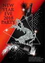 New year party invitation card with christmas tree brunches, deer, bottles of champagne and triangles.