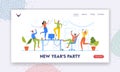 New Year Party Landing Page Template. Joyful Colleagues Characters Celebrating Christmas Together. Happy Business People