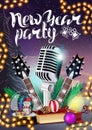 New Year party, poster with beautiful winter landscape, guitars, microphone and Christmas presents