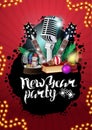 New Year party, red poster with guitars, microphone and Christmas presents