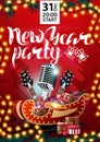 New Year party, red poster wth garlands, Christmas tree branches, guitars, microphone and Santa Sleigh with presents