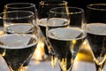 New year party, small bubbles of brut champagne cava or prosecco wine in tulip glasses with garland lights on background