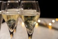 New year party, small bubbles of brut champagne cava or prosecco wine in tulip glasses with garland lights on background