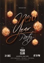 New Year Party template or flyer design decorated with hanging baubles with lighting effect and event details on brown background