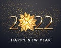 New Year party typography poster with 2022 gold realistic inscription, gift bow, golden confetti in a black background Royalty Free Stock Photo