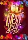 New year party vector poster design, champagne glasses and confetti