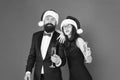 New Year party. xmas office party. they love new year. greetings concept. formal couple visiting event ceremony. tuxedo Royalty Free Stock Photo