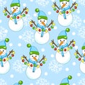 New Year pattern with christmas decoration elements. Happy holidays pattern with snowman on a blue background. Royalty Free Stock Photo