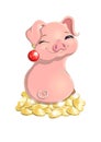 New year pig on gold coins with red christmas ball in its ear isolated on white background Royalty Free Stock Photo