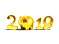 New Year 2019 pig year golden inscription front view 3d render o