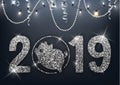 New year of the pig 2019 silver glitter design, chinese horoscope symbol, vector illustration