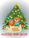 New Year pine tree teddy bear toys and gifts, Christmas night, Christmas, greeting card, greeting, postcard, winter, winter season